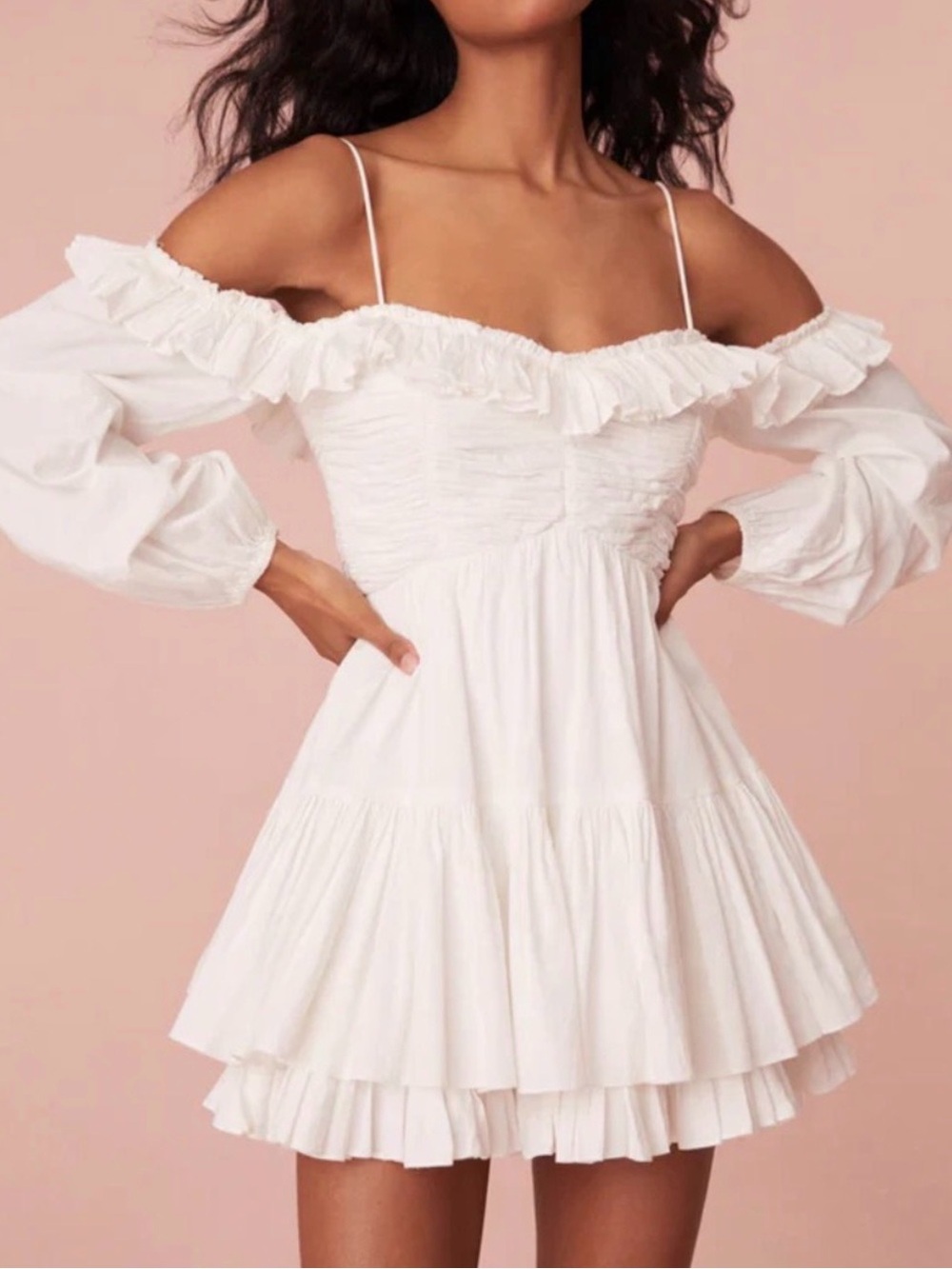 LoveShackFancy White Off-the-Shoulder Ruffle Mini Dress